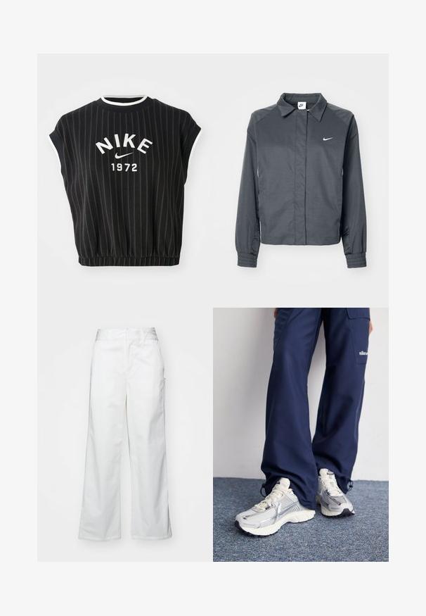 Nike Sportswear Letná bunda - black; Čierny krátky rukávový cropped sveter s vertikálnymi pruhmi, bielym lemovaním a vyšívaným logom "NIKE 1972" na prednej strane. Detail s elastickým lemom.; Biele široké nohavice vyrobené z bavlny, s hladkým povrchom, rovnou siluetou, prednými vreckami a čistým lemom.; Športové topánky Nike s strieborným sieťovaným zvrškom, bielymi detailmi a textúrovanými podrážkami, skombinované s voľnými námorníckymi nohavicami.