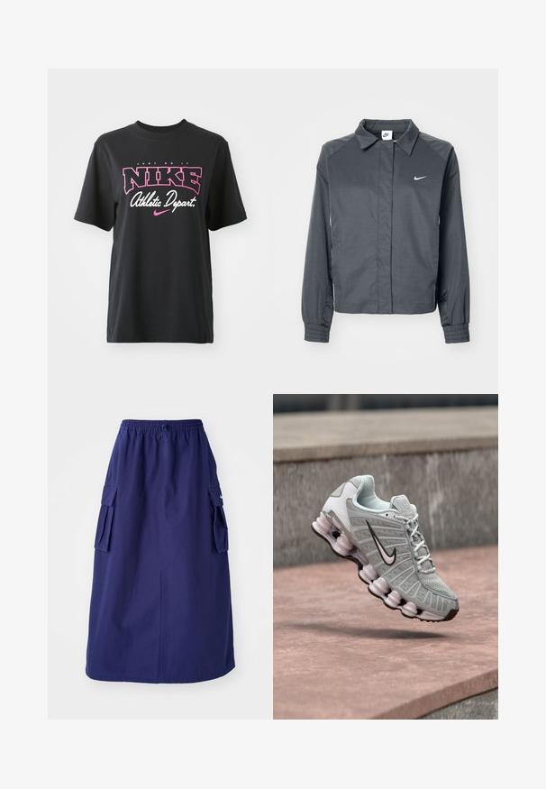 Nike Sportswear Let jakke / Sommerjakker - black; Sort bomulds T-shirt med grafisk print i pink og hvid med teksten "JUST DO IT," "NIKE," og "Athletic Depart." Standard pasform.; Marineblå, mellemlang nederdel med elastisk talje, der har to sidelommer og et minimalistisk logodesign. Glat stofstruktur.; Lysegrå Nike-sneaker med sort swoosh-logo, hvide snørebånd og karakteristisk forårsagtig sål, vist svævende over en stensurface.