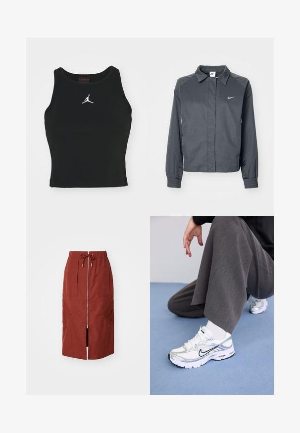 Nike Sportswear Veste légère - black; Débardeur noir ajusté en coton, avec un col rond et un logo Jordan blanc brodé au centre de l'avant. Texture lisse.; Jupe mi-longue en rouge terre cuite, avec une fermeture éclair à l'avant, une taille élastique avec cordon de serrage et des poches latérales avec un design géométrique.; Baskets de sport blanches et argentées avec des matériaux en maille et synthétiques, dotées de lignes d'accent noir, de lacets et de semelles texturées.