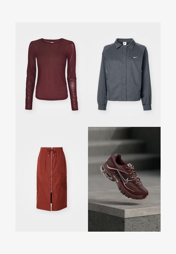 Nike Sportswear Leichte Jacke - black; Burgunderfarbenes Langarmoberteil aus transparentem Stoff mit einem subtilen schwarzen Logomuster. Es hat einen runden Halsausschnitt und eine taillierte Silhouette.; Midikleid in terrakottarot, mit einem Frontreißverschluss, elastischem Bund mit Kordelzug und seitlichen Taschen mit geometrischem Design.; Dunkelroter Nike-Laufschuh mit Mesh-Stoff, gepolstertem Kragen, dicker Sohle und weißen Akzenten. Das Design zeichnet sich durch eine abgerundete Zehenpartie und markante Schnürsenkel aus.