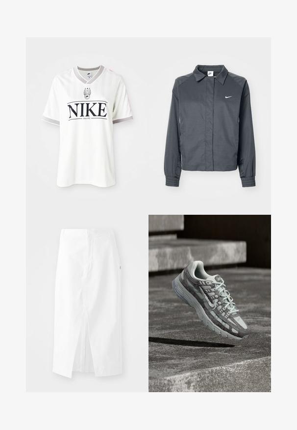 Nike Sportswear Let jakke / Sommerjakker - black; Hvid Nike t-shirt med korte ærmer, der har lodrette striber, en grå krave og et fremtrædende sort logo med teksten "Since 1972".; Hvid midi-skjørt i bomuld med lige snit, sideslids og skjult lynlås. Glat tekstur, minimalistisk design og ingen synlige udsmykninger.; Grå og hvide Nike-løbesko med tekstureret mønster, snørelukning foran og tyk sål, der svæver over et betontrin udendørs.