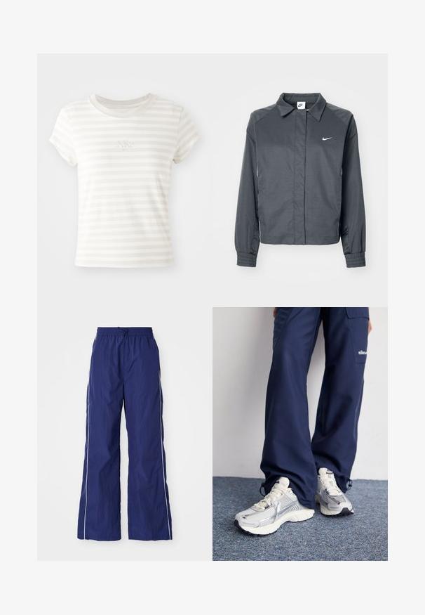 Nike Sportswear Letná bunda - black; Biele prúžkové tričko s krátkym rukávom vyrobené z mäkkej bavlny. Má okrúhly výstrih a malé vyšívané logo Nike na hrudi.; Námornícky modré, ľahké nohavice s širokými nohavicami, elastickým pásom a šnúrkou, so bielymi bočnými pruhmi a zvrásnenou textúrou.; Športové topánky Nike s strieborným sieťovaným zvrškom, bielymi detailmi a textúrovanými podrážkami, skombinované s voľnými námorníckymi nohavicami.