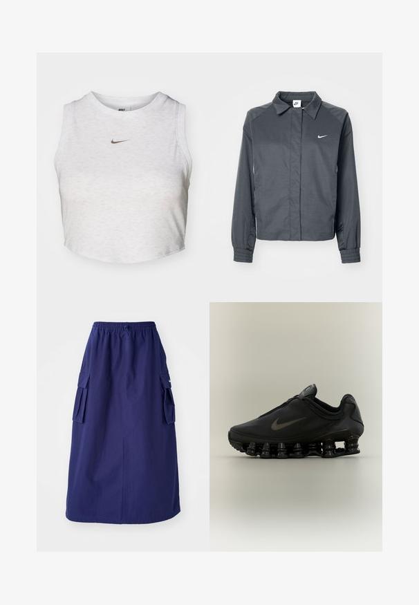 Nike Sportswear Suvejakk - black; Valge lühike topp, mis on valmistatud pehmest ja tekstuurist kangast. Omab ümmargust kaelaauku ja ilma varrukateta disaini ning väikest kuldset Nike logo ees.; Tumedat sinine, keskpikk seelik elastse vöökohtaga, millel on kaks külgmist cargo-taskut ja minimaalne logo detail. Sile kangastekstuud.; Must Nike tennisejalats lukuga pealisega ja iseloomuliku kevadise jaotusega tallaga, nähtud küljelt neutraalsel taustal.