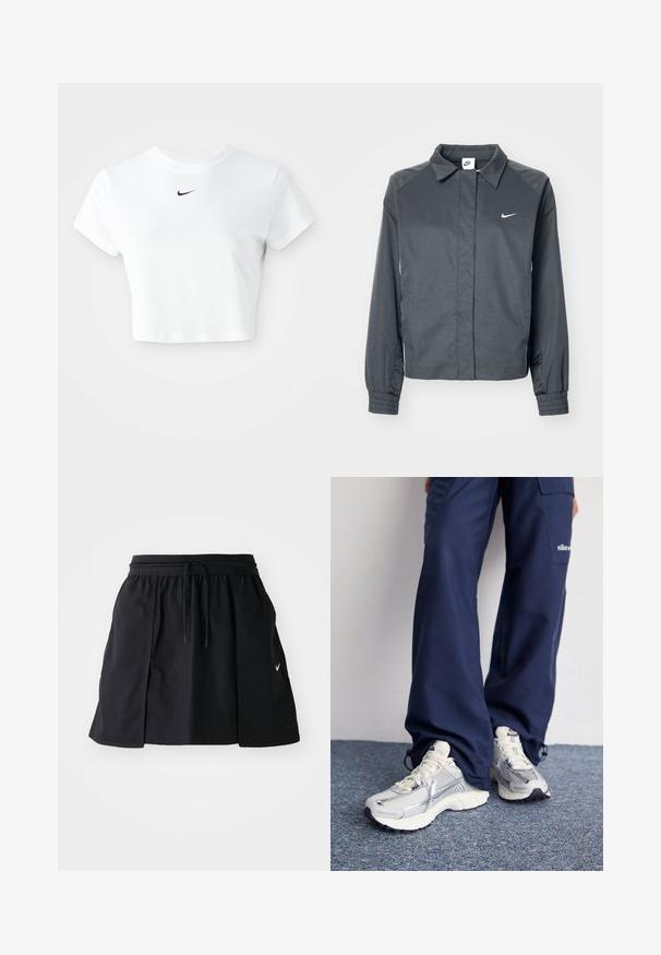 Nike Sportswear Let jakke / Sommerjakker - black; Hvid kortærmet t-shirt lavet af bomuld, med korte ærmer og rund halsudskæring, og med et sort Nike-logo på brystet.; Sort sportskørt med elastisk talje og justerbar snor. Har sideslids, letvægtsstof og et lille logo på kanten.; Nike sportssko med en sølvfarvet mesh-overdel, hvide detaljer og strukturerede såler, parret med løstsiddende navy bukser.