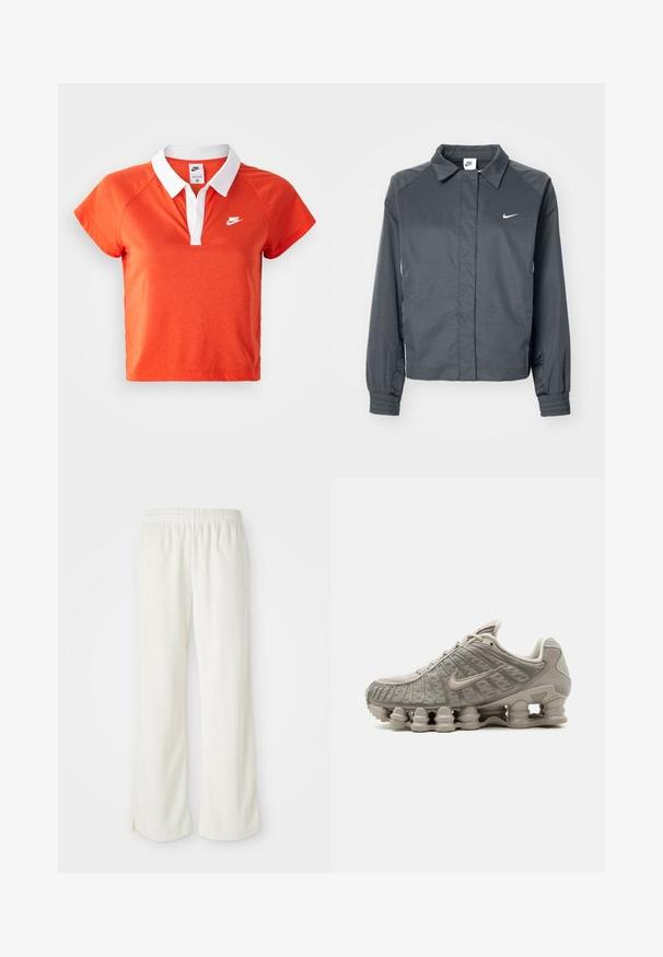 Nike Sportswear Veste légère - black; Polo shirt orange avec un col blanc, à manches courtes, et le logo Nike en blanc sur la poitrine gauche. Fabriqué en un mélange de coton doux.; Pantalon de couleur crème avec une coupe large, fabriqué en matériau léger, arborant des rayures verticales et une taille élastique.; Baskets Nike Shox beige clair avec semelle amortissante visible en forme de colonne et détails en mesh sur la tige.