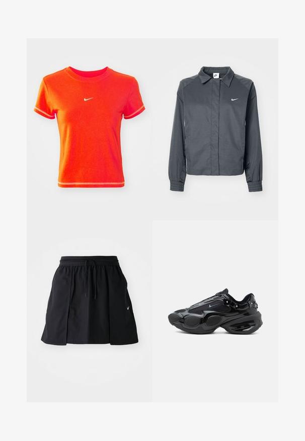Nike Sportswear Letná bunda - black; Červené skrátené tričko vyrobené z bavlny, s rebrovaným okrúhlym výstrihom a krátkymi rukávmi. Na prednej strane zobrazuje malé biele logo Nike.; Čierna športová sukňa s elastickým pásom a nastaviteľnou šnúrkou. Obsahuje bočné rozparky, ľahkú látku a malú nášivku na leme.; Čierny teniska s lesklými a sieťovanými panelmi, zaoblenými segmentmi podrážky a malými kvetinovými ozdobami pri päte a šnúrkach.