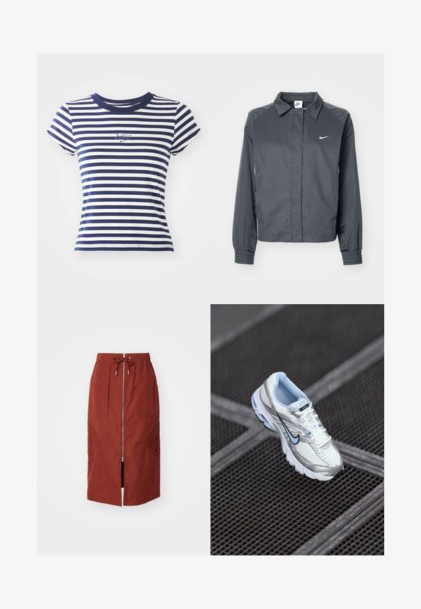 Nike Sportswear Letná bunda - black; Námornícky a biely pruhovaný tričko, z bavlnenej zmesi, s krátkymi rukávmi, okrúhlym výstrihom, so malým vyšívaným logom Nike na prednej strane.; Sukňa strednej dĺžky v terakotovo červenej farbe, s predným zipsom, elastickým pásom so šnúrkou a bočnými vreckami s geometrickým dizajnom.; Biele sieťové atletické topánky so striebornými akcentmi, svetlomodrým prešívaním a čiernym logom swoosh. Majú vystužený golier a textúrovanú podrážku.