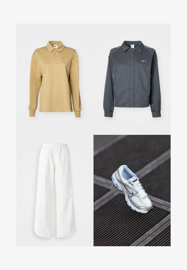 Nike Sportswear Letná bunda - black; Béžová polokošeľa s dlhým rukávom vyrobená z bavlny, so golierom, tromi gombíkmi a jemným čiernym logo Nike v tvare swoosh.; Biele široké športové nohavice s ribbovaným pásom a jemným logom. Hladká tkanina s uvoľneným strihom a zúženým lemom.; Biele sieťové atletické topánky so striebornými akcentmi, svetlomodrým prešívaním a čiernym logom swoosh. Majú vystužený golier a textúrovanú podrážku.