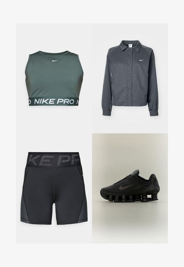 Nike Sportswear Lichte jas - black; Groene sportbeha van gladde stof, met een ronde halslijn en een brede elastische band met "NIKE PRO" in witte letters.; Zwarte sportshorts van rekbare stof, met een brede tailleband met het "NIKE PRO"-logo en subtiele textuuraccenten aan de zijkanten.; Zwarte Nike-sneaker met een bovendeel met ritssluiting en een kenmerkende veerachtige, gesegmenteerde zool, weergegeven in zijaanzicht op een neutrale achtergrond.