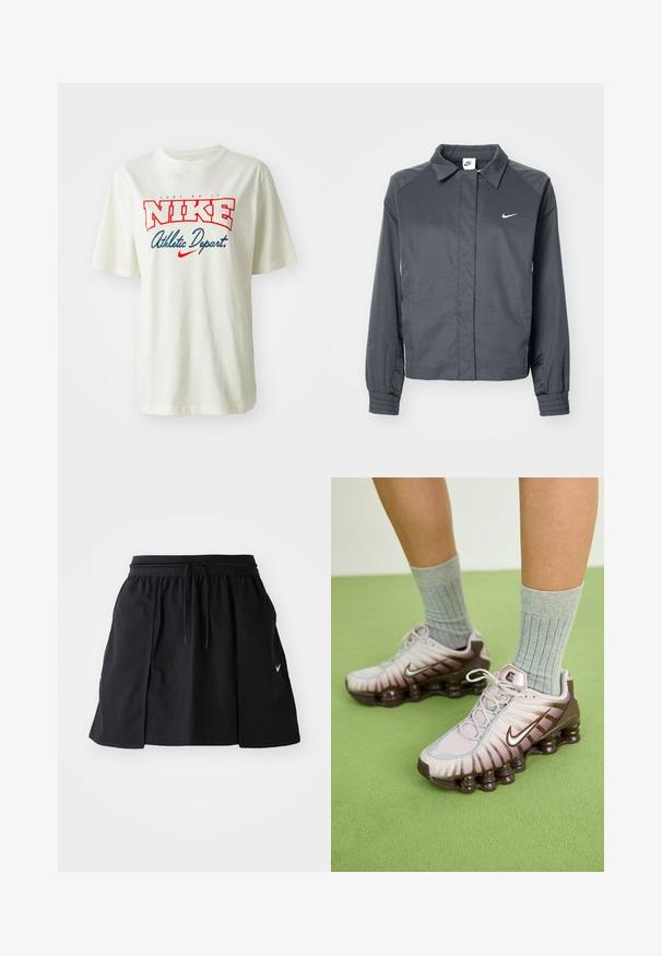 Nike Sportswear Letná bunda - black; Biele bavlnené tričko s červeným a modrým logom "NIKE", s textom "Just Do It" nad ním a "Athletic Depart." pod ním, krátke rukávy, okrúhly výstrih.; Čierna športová sukňa s elastickým pásom a nastaviteľnou šnúrkou. Obsahuje bočné rozparky, ľahkú látku a malú nášivku na leme.; Nike tenisky v svetlo ružovej a hnedej farbe, s textúrovaným zvrškom, vrstveným dizajnom a podrážkou s odpružením a viditeľnými vzduchovými jednotkami.