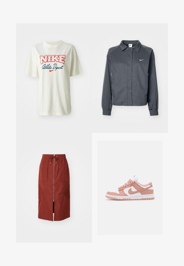 Nike Sportswear Letná bunda - black; Biele bavlnené tričko s červeným a modrým logom "NIKE", s textom "Just Do It" nad ním a "Athletic Depart." pod ním, krátke rukávy, okrúhly výstrih.; Sukňa strednej dĺžky v terakotovo červenej farbe, s predným zipsom, elastickým pásom so šnúrkou a bočnými vreckami s geometrickým dizajnom.; Tenisky s bielou koženou špičkou, svetloružovými koženými akcentmi a textúrovanou ružovo-bielou podrážkou. Obsahujú šnúrky a logo Nike.
