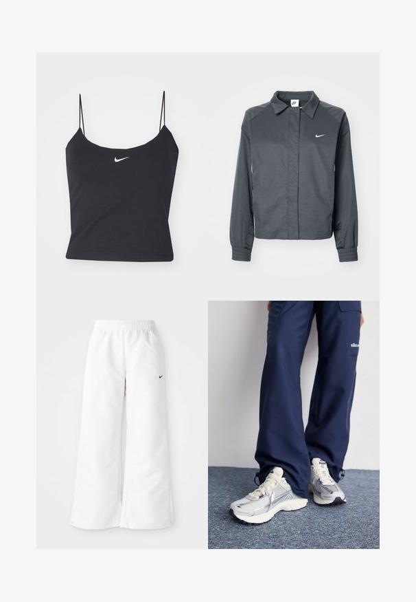 Nike Sportswear Vasaras jaka - black; Melna bez piedurknēm augšdaļa ar noapaļotu kakla izgriezumu, plānām siksnām un centrētu baltu Nike logotipu. Izgatavota no gludas auduma, ar pieguļošu dizainu.; Baltie sporta bikses ar plaša kāju dizainu, elastīgu jostasvietu un mazu melnu Nike logo kreisajā pusē. Gluda, viegla materiāla.; Nike sporta apavi ar sudraba sietu augšdaļu, baltām akcentiem un teksturētām zolēm, saskaņoti ar brīviem zila toņa biksēm.