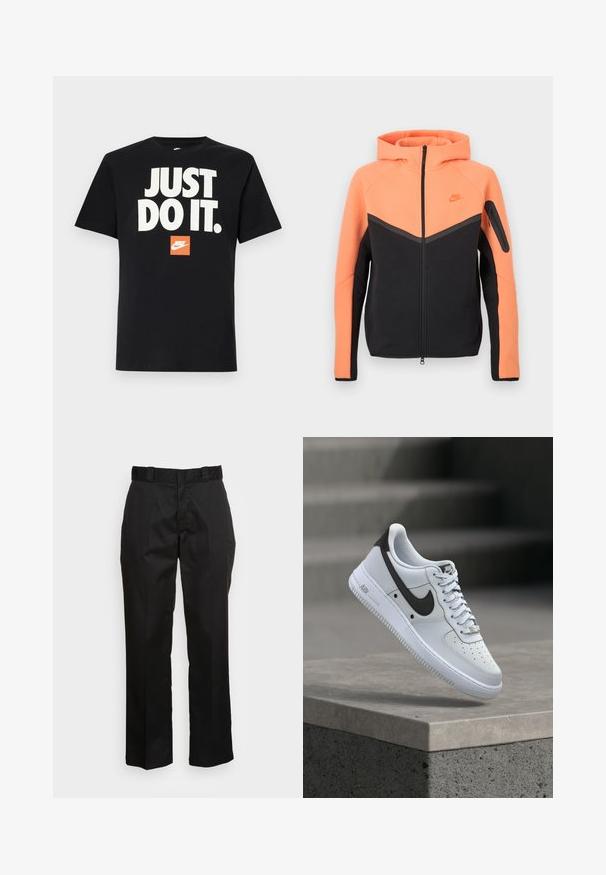 Chaqueta con capucha de parte superior y mangas en naranja, parte inferior negra, cierre frontal, bolsillo con cremallera en la manga izquierda y logo de Nike en el pecho.; Camiseta de algodón negra con mangas cortas. Presenta un gran texto blanco "JUST DO IT." sobre un pequeño logo naranja de Nike. Diseño estándar de cuello redondo.; Pantalones negros hechos de una tela suave, con un diseño de pierna recta, trabillas para cinturón y dos bolsillos laterales. Un aspecto clásico sin adornos.; Zapatilla blanca Nike Air Force 1 con logo Swoosh negro, flotando sobre un saliente de hormigón con escaleras difuminadas al fondo.