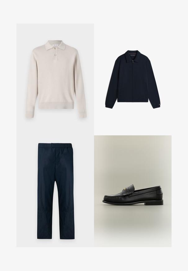 Marineblauw jack met rits, kraag, zijzakken, elastische manchetten en klein rood-wit-blauw logo op de linkerborst.; Lichtbeige poloshirt met lange mouwen, gemaakt van zachte stof. Voorzien van een kraag, een drieknoopsluiting en ribgebreide manchetten en zoom.; Marineblauwe, lichte broek met een elastische tailleband, met een soepele textuur en rechte snit, geschikt voor casual wear.; Zwarte leren instapschoen met lage hak, gouden gespdetail en geperste merknaam aan de zijkant tegen een neutrale achtergrond.