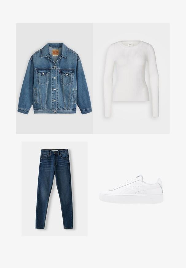 Blå denimjakke med knapper foran, to brystlommer med knapper, sidelommer og en krave, lagt fladt på en lys baggrund.; Hvid langærmet ribbet top med en rund halsudskæring. Stoffet er glat og har en subtil tekstur samt en tætsiddende design. Ingen synlige detaljer eller mønstre.; Mørkeblå denim skinny jeans med et klassisk femlomme-design, forstærket syning og knaplukning. Glat tekstur, ingen mønstre.; Hvide platform sneakers med overdel i læder, rund tå og snørelukning. Har sidelufthuller og diskret branding på hælen.