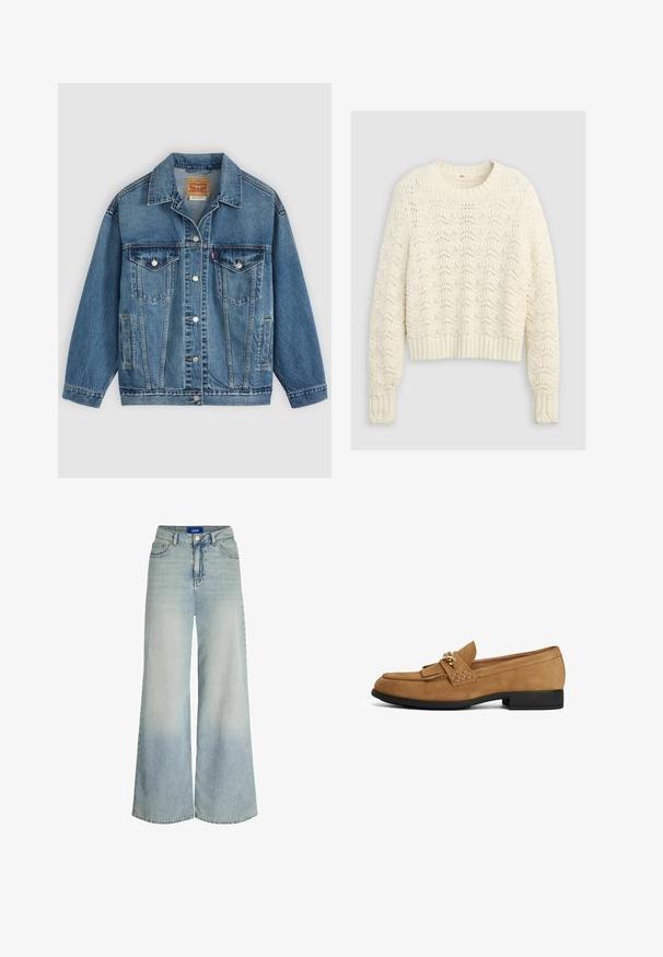 Blå denimjakke med knapper foran, to brystlommer med knapper, sidelommer og en krave, lagt fladt på en lys baggrund.; Flødefarvet strikket sweater med et struktureret, indviklet hulmønster samt ribbet kant ved ærmer og bund.; Vidde jeans lavet af lyseblåt denim, med høj talje, fem lomme-design og subtilt falmning i stoffets tekstur.; Brun ruskindslipper med sort flad sål, med en kvastdetalje og guldbeslag foran; glat tekstur og rundet tådesign.