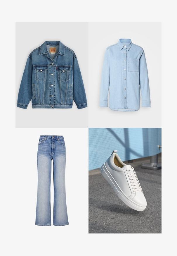 Blauwe spijkerjas met knoopsluiting aan de voorkant, twee borstzakken met knopen, zijzakken en een kraag, plat neergelegd op een lichte achtergrond.; Lichtblauwe denim shirt met een knoopsluiting aan de voorkant, puntige kraag, één borstzak en lange mouwen met knoopmanchetten.; Lichtblauwe denim wijde jeans hebben een hoge taille, knoopsluiting, subtiele vervaging en een klassiek design met vijf zakken.; Witte leren sneaker met platte veters, ronde neus, rubberen loopzool en een klein trekbandje bij de hiel. Gladde textuur met minimale ontwerpdetaillering.
