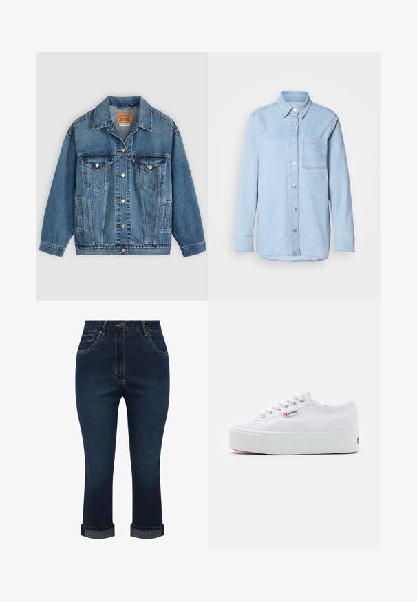 Blå denimjakke med knapper foran, to brystlommer med knapper, sidelommer og en krave, lagt fladt på en lys baggrund.; Lyseblå denimskjorte med knaplukning foran, spids krave, enkelt brystlomme og lange ærmer med knapmanchetter.; Mørkeblå denim korte jeans med forlommer, knaplukning og optrukne kanter.; Hvide canvas sneakers med en tyk hvid platformssål, rund tå og metaløjelets til snørebånd. Mærkets logo præsenteret på siden.