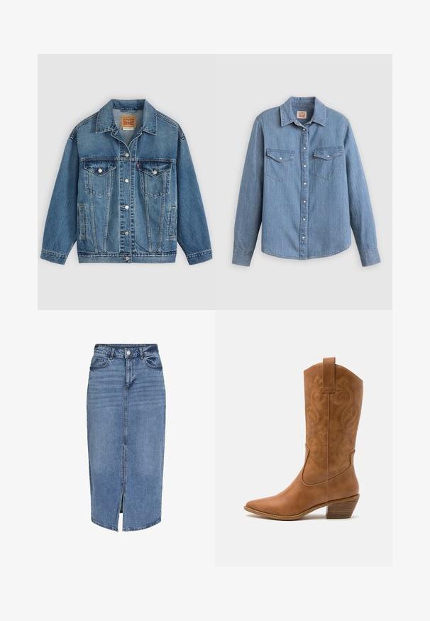 Blaue Denimjacke mit Knopfleiste vorne, zwei Brusttaschen mit Knöpfen, Seitentaschen und einem Kragen, flach auf einem hellen Hintergrund ausgelegt.; Hellblaues Jeanshemd mit langen Ärmeln, Knopfleiste vorne, zwei Brusttaschen und klassischem Kragen. Glatte Textur und lockere Passform.; Denim-Midikleid in Hellblau mit einem Schlitz vorne, fünf Taschen, Gürtelschlaufen und einem Knopfverschluss an der Taille. Klassische Passform und Textur.; Braune Leder-Cowboy-Stiefel mit spitzem Zehenbereich, bestickten Wirbelmustern am Schaft und einem gestapelten Blockabsatz. Verfügt über einen Ziehriemen für das einfache Anziehen.