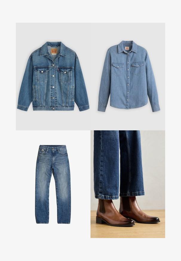 Chaqueta vaquera azul con botones en la parte delantera, dos bolsillos en el pecho con botones, bolsillos laterales y cuello, colocada plana sobre un fondo claro.; Camisa de mezclilla azul claro con mangas largas, cierre de botones al frente, dos bolsillos en el pecho y cuello clásico. Textura suave y ajuste relajado.; Vaqueros de mezclilla azul con corte recto, ligero desgaste y sutiles marcas de uso. Cuenta con cinco bolsillos y cierre de botón.; Botas de cuero marrón hasta el tobillo con paneles elásticos en los lados, punta cuadrada y tacón bajo, combinadas con jeans de mezclilla azules. Suelo de madera por debajo.