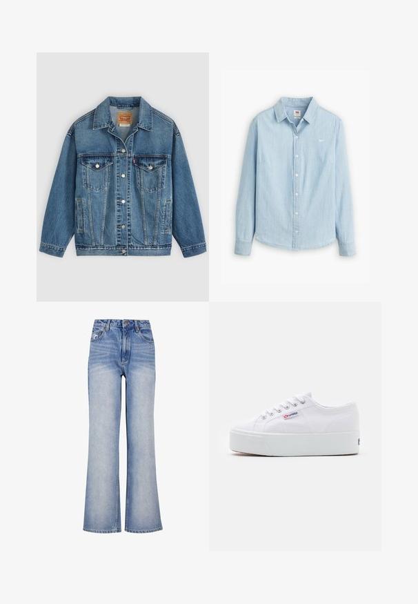 Blaue Denimjacke mit Knopfleiste vorne, zwei Brusttaschen mit Knöpfen, Seitentaschen und einem Kragen, flach auf einem hellen Hintergrund ausgelegt.; Helles blaues, knöpfbares Hemd aus weichem Denim-Stoff. Mit klassischem Kragen und langen Ärmeln, versehen mit einem kleinen Logo auf der Brust.; Hellblaue Denim-Weite-Bein-Jeans mit hoher Taille, Knopfverschluss, subtilen Verwaschungen und klassischem Fünf-Taschen-Design.; Weiße Leinenschuhe mit einer dicken weißen Plattformsohle, runder Zehenpartie und Metallösen für die Schnürsenkel. Markenlogo an der Seite angebracht.