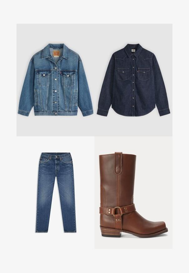Blauwe spijkerjas met knoopsluiting aan de voorkant, twee borstzakken met knopen, zijzakken en een kraag, plat neergelegd op een lichte achtergrond.; Donkerblauw denim overhemd met lange mouwen, spitse kraag, voorsluiting met drukknopen en twee borstzakken met knopen en contrasterende stiksels.; Blauwe denim jeans met een recht uitlopende pijp, voorzien van een knoop- en ritssluiting, vijf zakken en subtiele vervaging in de was.; Bruine leren midkuitlaars met een lage houten hak, ronde neus en een decoratieve band met metalen studs rond de enkel.