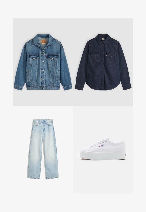 Blå denimjakke med knapper foran, to brystlommer med knapper, sidelommer og en krave, lagt fladt på en lys baggrund.; Mørkeblå denim skjorte med lange ærmer, spids krave, frontlukning med trykknapper og to brystlommer med knapper samt kontrastsyning.; Lyseblå denim bukser med vid ben, høj talje, fem lommer, knaplukning og en falmet finish. Har lige, løse ben.; Hvide canvas sneakers med en tyk hvid platformssål, rund tå og metaløjelets til snørebånd. Mærkets logo præsenteret på siden.