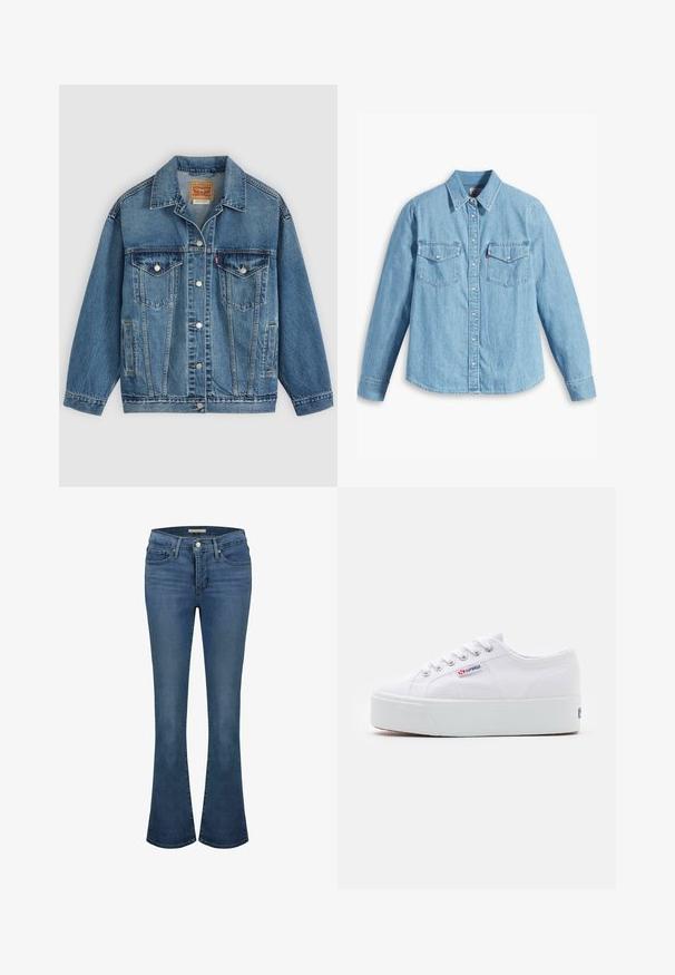 Blaue Denimjacke mit Knopfleiste vorne, zwei Brusttaschen mit Knöpfen, Seitentaschen und einem Kragen, flach auf einem hellen Hintergrund ausgelegt.; Helles blaues Denimhemd mit langen Ärmeln, spitzem Kragen, zwei Brusttaschen, Knopfleiste und subtiler Struktur. Keine sichtbaren Muster.; Blaue Jeans im Flared-Stil mit mittelhoher Taille, ausgestattet mit Ziernähten, zwei vorderen Taschen und einer hinteren Paspeltasche.; Weiße Leinenschuhe mit einer dicken weißen Plattformsohle, runder Zehenpartie und Metallösen für die Schnürsenkel. Markenlogo an der Seite angebracht.
