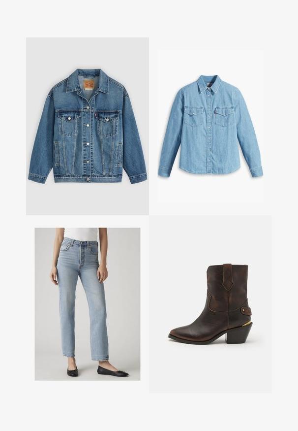 Blå denimjakke med knapper foran, to brystlommer med knapper, sidelommer og en krave, lagt fladt på en lys baggrund.; Lyseblå denimskjorte med lange ærmer, spidse krave, to brystlommer, knaplukning og subtil tekstur. Ingen synlige mønstre.; Kvinde iført lyseblå jeans med høj talje og lige ben samt sorte balletsko, stående mod en ensfarvet lys baggrund.; Brune læder cowboystøvle med spids tå og stablet hæl. Har et dekorativt diamantmønster og en rem med hardware-detajle.