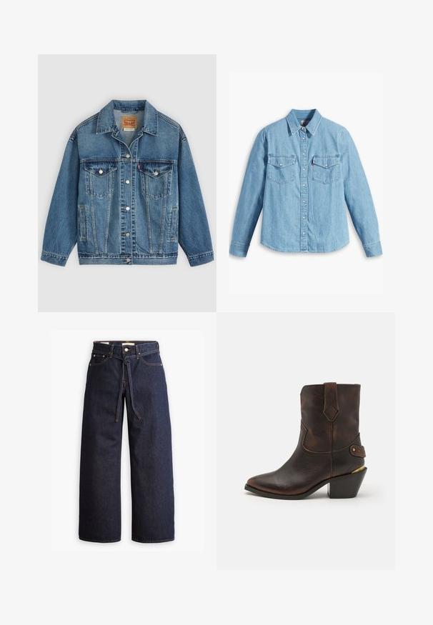 Blauwe spijkerjas met knoopsluiting aan de voorkant, twee borstzakken met knopen, zijzakken en een kraag, plat neergelegd op een lichte achtergrond.; Lichtblauwe spijker blouse met lange mouwen, puntige kraag, twee borstzakken, knoopsluiting en subtiele textuur. Geen zichtbare patronen.; Wijd pijpjes donkerblauwe denim jeans met een hoge taille, voorzien van een trekkoord, vijf zakken en contrasterende stiksels.; Bruine leren cowboylaars met een puntenneus en gestapelde hak. Voorzien van een decoratief ruitpatroon en een riem met hardware accent.