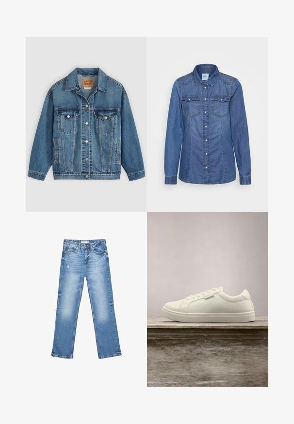 Blaue Denimjacke mit Knopfleiste vorne, zwei Brusttaschen mit Knöpfen, Seitentaschen und einem Kragen, flach auf einem hellen Hintergrund ausgelegt.; Denimhemd in Mittelblau mit langen Ärmeln, einer durchgehenden Knopfleiste, zwei Brusttaschen und kontrastierenden Nähten an den Schultern.; Hellblaue Jeans aus Denim, mit geradem Bein, ausgewaschenen Stellen und subtilen Abnutzungen. Verfügt über fünf Taschen und einen klassischen Knopfverschluss.; Weißer Leder-Sneaker mit Schnürsenkeln schwebt über einer hölzernen Bank, im Hintergrund ist das grüne hohe Gras unscharf zu sehen.