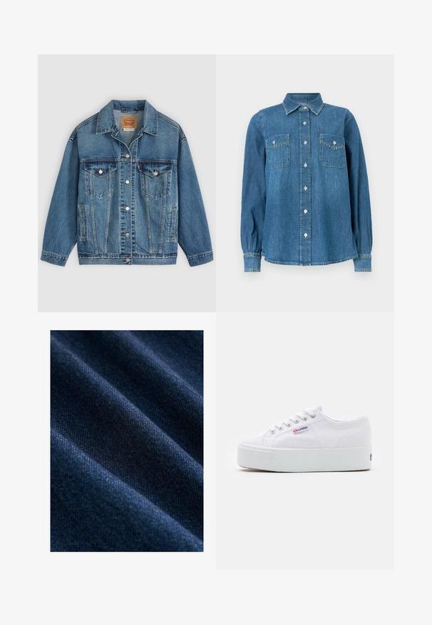 Blaue Denimjacke mit Knopfleiste vorne, zwei Brusttaschen mit Knöpfen, Seitentaschen und einem Kragen, flach auf einem hellen Hintergrund ausgelegt.; Jeanshemd mit Button-down-Kragen, zwei Brusttaschen und dekorativen Nieten an den Taschenrändern und Manschetten. Blaues Gewebe mit weicher Textur.; Dunkelblauer Jeansstoff mit einer glatten Textur, der sichtbare diagonale Webmuster sowie subtile Farb- und Glanzvariationen aufweist.; Weiße Leinenschuhe mit einer dicken weißen Plattformsohle, runder Zehenpartie und Metallösen für die Schnürsenkel. Markenlogo an der Seite angebracht.