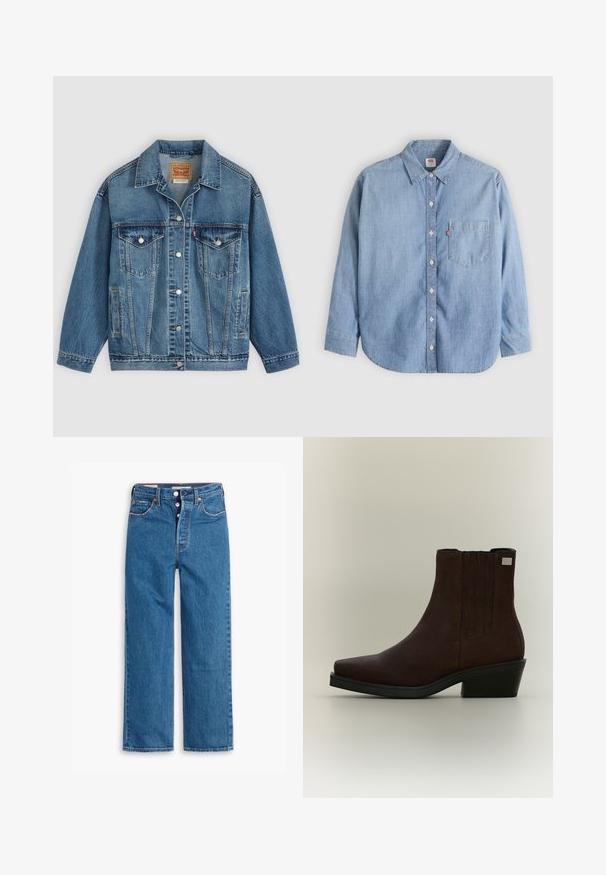 Blå denimjakke med knapper foran, to brystlommer med knapper, sidelommer og en krave, lagt fladt på en lys baggrund.; Lyseblå denimskjorte med button-down-krave, forlompe og lange ærmer. Har en buet kant og en subtil tekstur.; Blå denim lige ben jeans med høj talje, fem lomme design og knaplukning. Markante syninger og kobberfarvede nitter.; Mørkebrune ruskind ankle støvle med lav hæl, elastiske sidepaneler og firkantet tå på lysegrå baggrund.