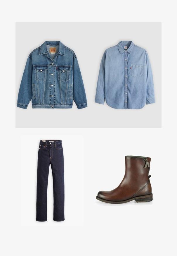 Blauwe spijkerjas met knoopsluiting aan de voorkant, twee borstzakken met knopen, zijzakken en een kraag, plat neergelegd op een lichte achtergrond.; Lichtblauw denimoverhemd met een button-down kraag, borstzakje en lange mouwen. Heeft een afgeronde zoom en een subtiele textuur.; Donkerblauwe straight-leg denim jeans met vijf zakken en zichtbare oranje stiksels op een witte achtergrond.; Bruine leren enkelboot met een ronde neus, een zijrits en een lage gestapelde hak. Heeft een subtiele vlinderembleem op de hak.