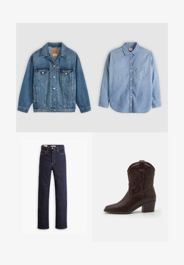 Blauwe spijkerjas met knoopsluiting aan de voorkant, twee borstzakken met knopen, zijzakken en een kraag, plat neergelegd op een lichte achtergrond.; Lichtblauw denimoverhemd met een button-down kraag, borstzakje en lange mouwen. Heeft een afgeronde zoom en een subtiele textuur.; Donkerblauwe straight-leg denim jeans met vijf zakken en zichtbare oranje stiksels op een witte achtergrond.; Bruine leren cowboylaarzen met spitse neuzen, geperste vleugelpatronen, een blokhak van gemiddelde hoogte en een lus aan de achterkant.