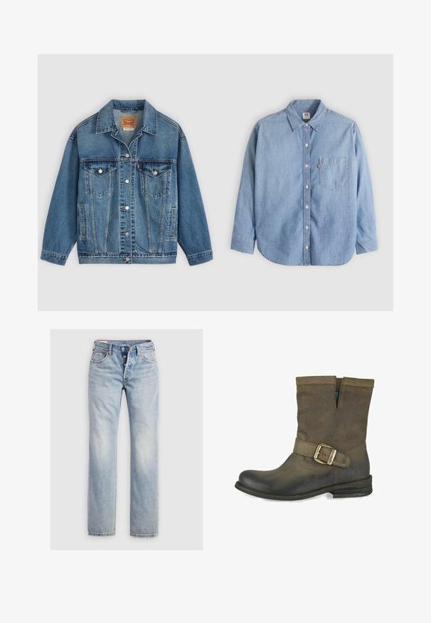 Blå denimjakke med knapper foran, to brystlommer med knapper, sidelommer og en krave, lagt fladt på en lys baggrund.; Lyseblå denimskjorte med button-down-krave, forlompe og lange ærmer. Har en buet kant og en subtil tekstur.; Lysblå denim jeans med lige ben, fem-knap lukning og baglommer med diskret stikning.; Brune læder ankelstøvle med en buet tå, spændeaccent og udskæringsdesign i toppen. Struktureret finish med en lav stablet hæl.