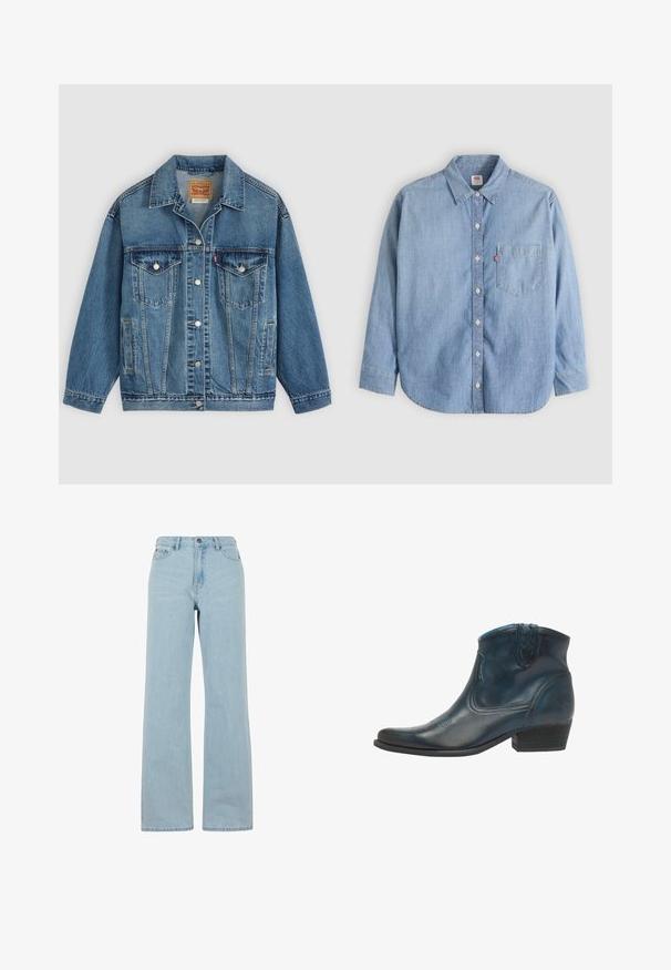Blaue Denimjacke mit Knopfleiste vorne, zwei Brusttaschen mit Knöpfen, Seitentaschen und einem Kragen, flach auf einem hellen Hintergrund ausgelegt.; Hellblaues Jeanshemd mit Knopfleiste am Kragen, Brusttasche und langen Ärmeln. Verfügt über einen abgerundeten Saum und eine subtile Textur.; Helle blaue Schlagjeans aus Denim, mit hoher Taille, Fronttaschen und einer dezenten Waschstruktur. Standardknopf- und Reißverschluss.; Cowboy-Stiefel aus dunkelblauem Leder, mit spitz zulaufender Zehenpartie, geschwungenen Akzenten und einem niedrigen, gestapelten Absatz mit dezenten Nähdetails.