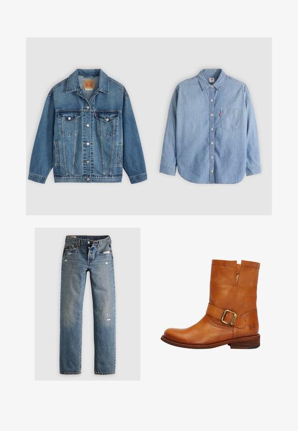 Chaqueta vaquera azul con botones en la parte delantera, dos bolsillos en el pecho con botones, bolsillos laterales y cuello, colocada plana sobre un fondo claro.; Camisa de mezclilla azul claro con cuello abotonado, bolsillo delantero y mangas largas. Presenta un dobladillo curvado y una textura sutil.; Jeans de denim azul con corte recto, que presentan detalles desgastados y parches desteñidos. La tela tiene un acabado texturizado y costuras cosidas.; Botín de cuero marrón con tacón de madera plano, correa ancha y detalle de hebilla, corte en el tobillo y logo grabado en el costado.