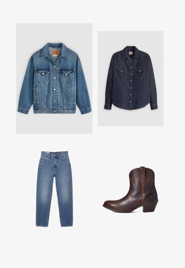 Veste en jean bleu avec fermeture à boutons à l'avant, deux poches poitrine avec boutons, poches latérales et col, posée à plat sur un fond clair.; Chemise en denim bleu foncé à manches longues, avec un devant à boutons, deux poches poitrine avec rabats et des coutures jaunes contrastantes.; Jeans en denim bleu clair avec une taille haute, un design à jambes droites, cinq poches et des détails de couture orange. Finition effilochée à l'avant.; Bottines en cuir marron avec un bout pointu, des coutures décoratives et un petit talon. Dispose de tirettes pour un enfilage facile.
