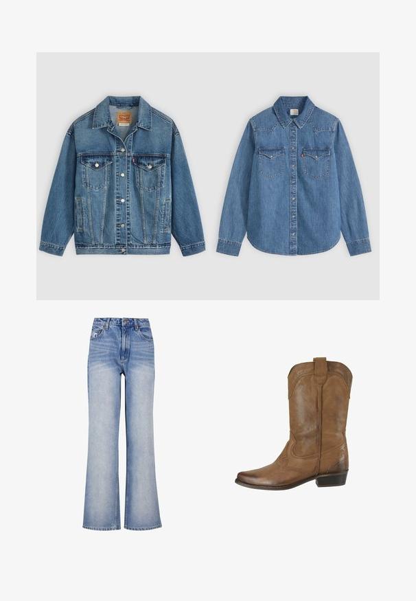 Blå denimjakke med knapper foran, to brystlommer med knapper, sidelommer og en krave, lagt fladt på en lys baggrund.; Langærmet blå denim skjorte med knapper, spids krave og to brystlommer med klap på en lys baggrund.; Lys blå denim bred-benede jeans har høj talje, knaplukning, diskret slidmærker og et klassisk fem-lomme design.; Brun læder cowboystøvle til midt på læggen med dekorative syninger, rund tå, trækstrop øverst og lav stablet hæl.
