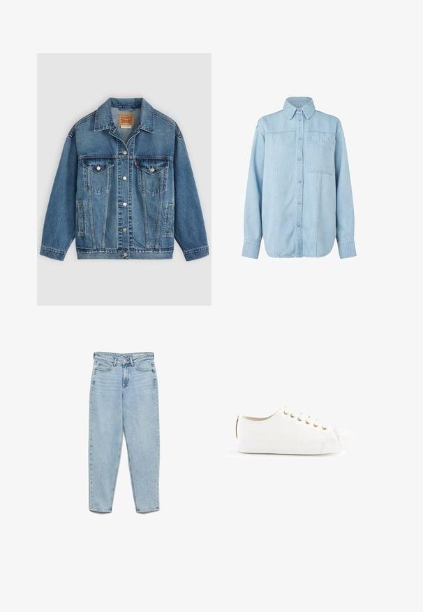 Blauwe spijkerjas met knoopsluiting aan de voorkant, twee borstzakken met knopen, zijzakken en een kraag, plat neergelegd op een lichte achtergrond.; Lichtblauwe denim overhemd met lange mouwen, knoopsluiting aan de voorkant, puntige kraag, enkele borstzak en subtiele verticale stiklijn details.; Lichtblauwe, hoogwater spijkerbroek met hoge taille, voorzakken, riemlussen, knoopsluiting en taps toelopende pijpen op een witte achtergrond.; Witte sneaker met een bovenwerk van gestructureerd leer, ronde neus, gouden oogjes en een witte rubberen zool. De achterkant heeft een bruine accentdetail.