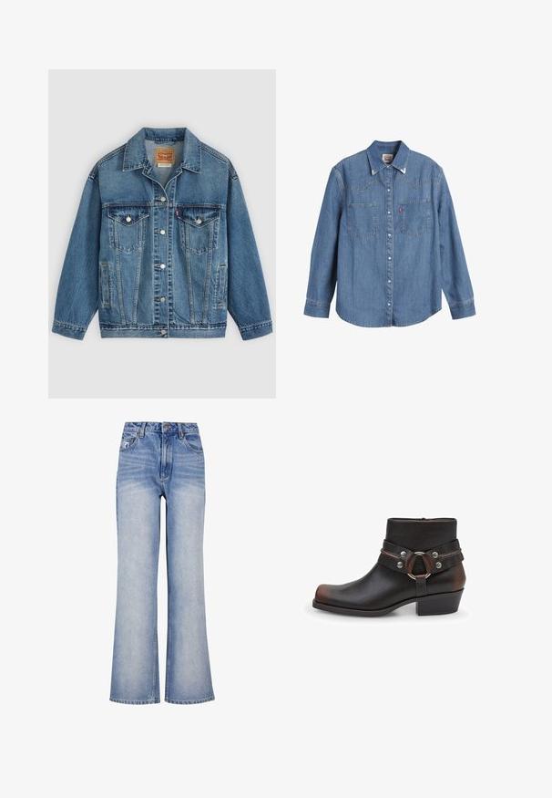 Blå denimjakke med knapper foran, to brystlommer med knapper, sidelommer og en krave, lagt fladt på en lys baggrund.; Lys blå denimskjorte med lange ærmer, spids krave, to brystlommer og kontraststing. Har et western-inspireret yoke-design.; Lys blå denim bred-benede jeans har høj talje, knaplukning, diskret slidmærker og et klassisk fem-lomme design.; Sorte læder ankelstøvler med rund tå, sølvhardware detaljer og en strop med en rund spænde. Design med blokhæl.