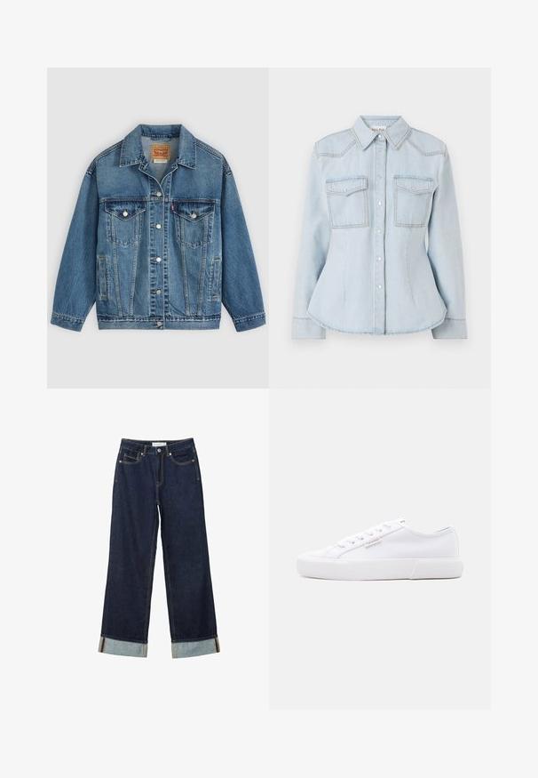 Blaue Denimjacke mit Knopfleiste vorne, zwei Brusttaschen mit Knöpfen, Seitentaschen und einem Kragen, flach auf einem hellen Hintergrund ausgelegt.; Hellblaues Denim-Hemd mit tailliertem Design, spitzem Kragen, zwei Brusttaschen und kontrastierenden Nähten. Verfügt über eine Knopfleiste und lange Ärmel.; Dunkelblaue, weit geschnittene Jeans mit hoher Taille, ausgestattet mit aufgerollten Säumen, Kontrastnähten und einem Fünf-Taschen-Design. Hergestellt aus Denim-Stoff.; Weißer Sneaker mit niedrigem Schaft, Plateau-Sohle, Schnürung vorne und kleinem Calvin Klein Logo-Tag an der Seite.