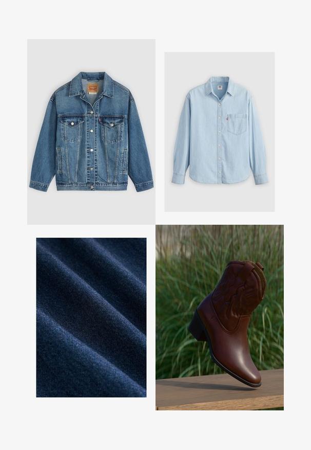 Blauwe spijkerjas met knoopsluiting aan de voorkant, twee borstzakken met knopen, zijzakken en een kraag, plat neergelegd op een lichte achtergrond.; Lichtblauwe spijkerblouse met een puntkraag, lange mouwen, knoopsluiting en een borstzak met een klein logo-label.; Donkerblauwe denimstof met een gladde textuur, met zichtbare diagonale weefpatronen en subtiele variaties in kleur en glans.; Bruine leren cowboylaars met decoratief stiksel, schuin omhoog geplaatst op een houten oppervlak met een vage groene grasachtergrond.