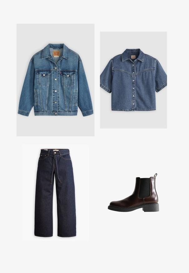 Blauwe spijkerjas met knoopsluiting aan de voorkant, twee borstzakken met knopen, zijzakken en een kraag, plat neergelegd op een lichte achtergrond.; Kortemouws blauw denim overhemd met knopen, een puntige kraag en een Western-stijl inzetstuk met stikseldetail.; Wijd pijpjes donkerblauwe denim jeans met een hoge taille, voorzien van een trekkoord, vijf zakken en contrasterende stiksels.; Bruine leren enkelboot met elastische zijpanelen, ronde neus en een gestructureerde zwarte rubberen zool. Heeft contrasterende stiksels en een lusje aan de achterkant.