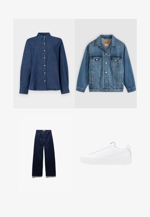 Chaqueta vaquera azul con botones en la parte delantera, dos bolsillos en el pecho con botones, bolsillos laterales y cuello, colocada plana sobre un fondo claro.; Camisa de mezclilla azul oscuro de manga larga con un cierre frontal de botones, cuello puntiagudo, un bolsillo en el pecho y puños abotonados.; Jeans de mezclilla azul oscuro de pierna ancha con una cintura alta, diseño clásico de cinco bolsillos y acentos de remaches en tono cobre para mayor durabilidad.; Zapatillas de plataforma blancas con parte superior de cuero, puntera redonda y cierre de cordones. Presenta perforaciones laterales y un sutil logotipo en el talón.