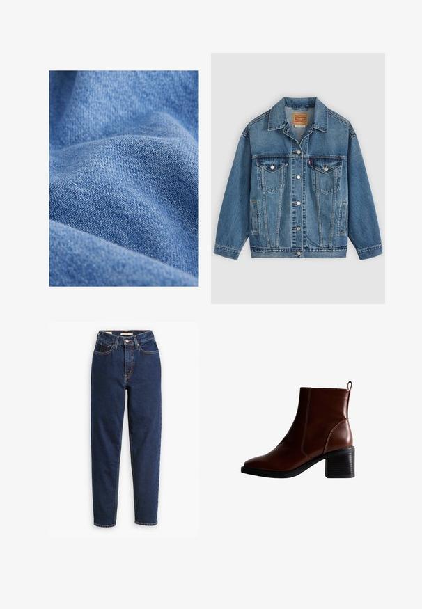Veste en jean bleu avec fermeture à boutons à l'avant, deux poches poitrine avec boutons, poches latérales et col, posée à plat sur un fond clair.; Tissu en denim bleu avec une texture douce, présentant un motif de tissage serré et des variations subtiles de teinte. Aspect froissé avec des plis.; Jean en denim bleu foncé avec une taille haute, un design à cinq poches et des jambes droites. Couture contrastée et fermeture à boutons.; Bottine en cuir marron avec un bout carré et des coutures sur le côté, un talon empilé de 7,5 cm, et une languette au dos pour un enfilage facile.