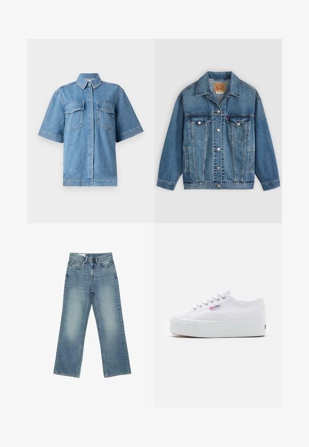 Blaue Denimjacke mit Knopfleiste vorne, zwei Brusttaschen mit Knöpfen, Seitentaschen und einem Kragen, flach auf einem hellen Hintergrund ausgelegt.; Blaue Denim-Hemd mit kurzen Ärmeln, einem Kragen, zwei Brusttaschen und Knopfverschluss. Bietet eine entspannte Passform und eine ausgewaschene Textur.; Hellblaue Denim-Jeans mit hoher Taille, geraden weiten Beinen, Frontknopf, Reißverschluss und Fünf-Taschen-Design.; Weiße Leinenschuhe mit einer dicken weißen Plattformsohle, runder Zehenpartie und Metallösen für die Schnürsenkel. Markenlogo an der Seite angebracht.