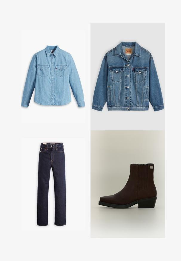 Blauwe spijkerjas met knoopsluiting aan de voorkant, twee borstzakken met knopen, zijzakken en een kraag, plat neergelegd op een lichte achtergrond.; Lichtblauwe spijker blouse met lange mouwen, puntige kraag, twee borstzakken, knoopsluiting en subtiele textuur. Geen zichtbare patronen.; Donkerblauwe straight-leg denim jeans met vijf zakken en zichtbare oranje stiksels op een witte achtergrond.; Donkerbruine suède enkellaars met lage hak, elastische zijpanelen en vierkante neus op een lichtgrijze achtergrond.