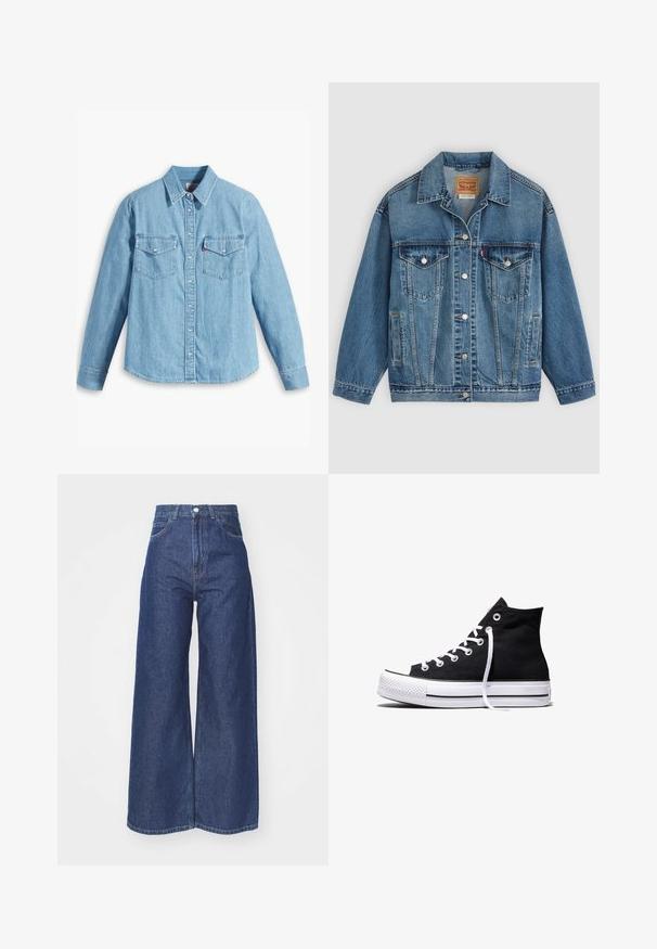 Blaue Denimjacke mit Knopfleiste vorne, zwei Brusttaschen mit Knöpfen, Seitentaschen und einem Kragen, flach auf einem hellen Hintergrund ausgelegt.; Helles blaues Denimhemd mit langen Ärmeln, spitzem Kragen, zwei Brusttaschen, Knopfleiste und subtiler Struktur. Keine sichtbaren Muster.; Hellebeinsjeans aus dunkelblauem Denim. Hohe Taille mit Reißverschluss und Knopfverschluss. Klassische Fünf-Taschen-Optik und gesäumte Kanten.; Schwarzer High-Top-Canvas-Sneaker mit weißer Gummisohle und weißen Schnürsenkeln, seitlich dargestellt vor weißem Hintergrund.